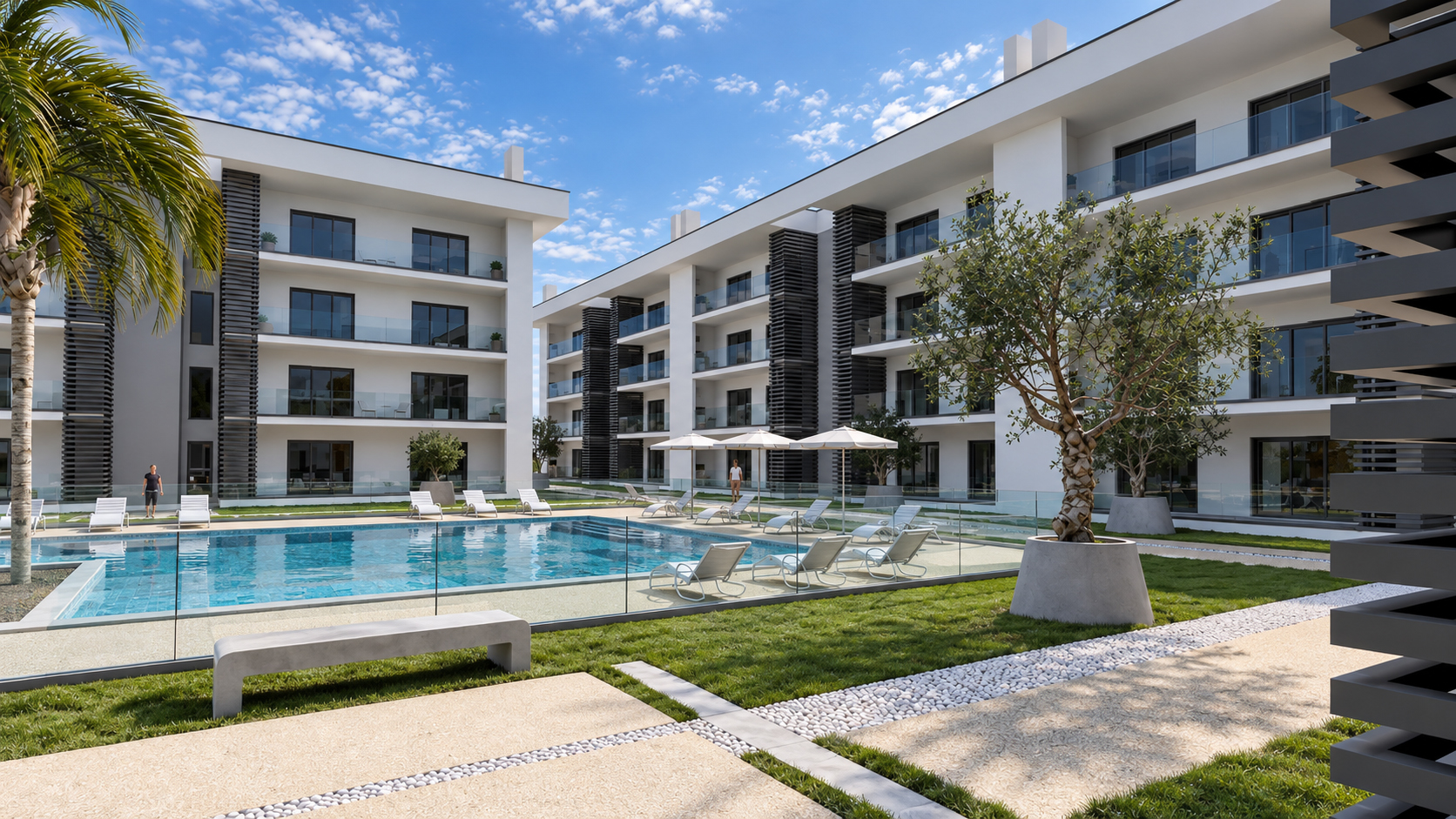 Samora Residences: Pátio, piscina e oliveiras