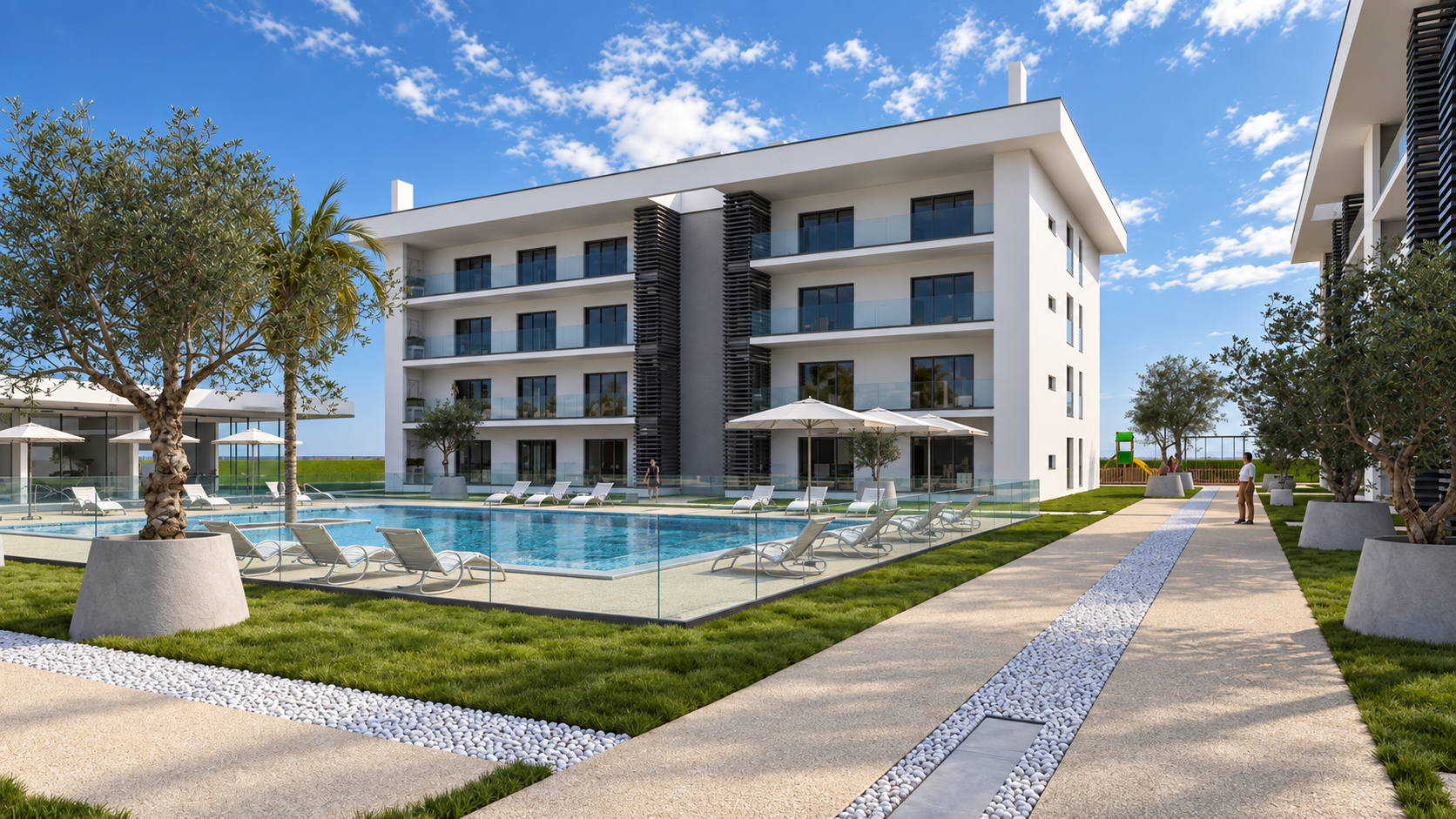 Samora Residences: Bloco nascente e percurso pedonal